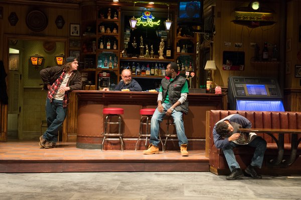 Stephen Michael Spencer, Jack Willis, Tramell Tillman, and Carlo Albán as Jason, Stan, Chris, and Oscar in the 2015 OSF production of Sweat. 