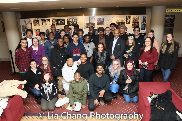  Folks from JITNEY director Ruben Santiago-Hudson's hometown of Lackawanna, NY, including students from the Ruben Santiago-Hudson Fine Arts Learning Center, took an 8 hour bus ride to see the Sunday matinee at the Samuel J. Friedman Theatre on January 15, 2017, and visited with the cast after the show. Global Concepts Charter School runs the school. Photo by Lia Chang