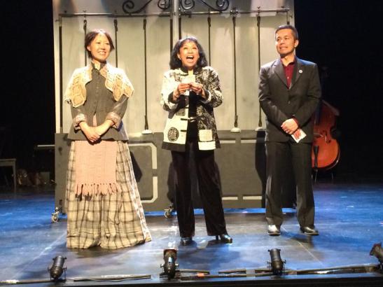 Nina Zoie Lam, Baayork Lee and Steven Eng, the founders of NAAP, onstage before the performance of Oliver! at The Romulus Linney Courtyard Theatre  inside The Pershing Square Signature Center in New York on June 7, 2014. Photo by Lia Chang