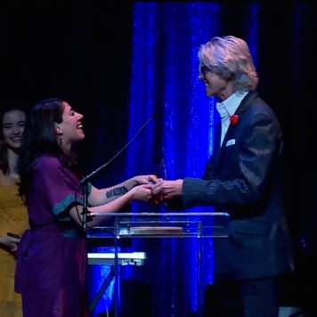 Tommy Tune presents Rachel Chavkin with the Outstanding Director for a Musical Drama Desk Award for Natasha, Pierre & the Great Comet of 1812 at the 62nd Annual Drama Desk Awards Ceremony at The Town Hall on June 4, 2017.