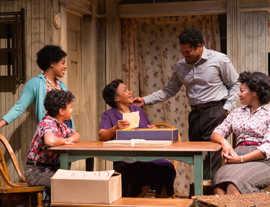 Jasmine Batchelor (Beneatha Younger), Owen Tabaka (Travis Younger), Brenda Pressley (Lena Younger), Brandon J. Dirden (Walter Lee Younger) and Crystal A. Dickinson (Ruth Younger) in A Raisin in the Sun at Two River Theater. Photo by T. Charles Erickson