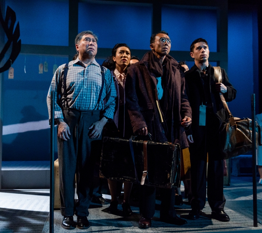 Gary Thomas Ng, Grace Yoo, Ron Domingo and Sam Tanabe in SpeakEasy Stage's production of ALLEGIANCE. Photo by Nile Scott Studios