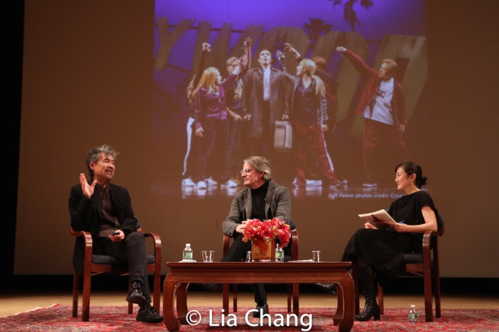 David Henry Hwang, Bartlett Sher and Karen Shimakawa discuss a scene from SOFT POWER. Photo by Lia Chang