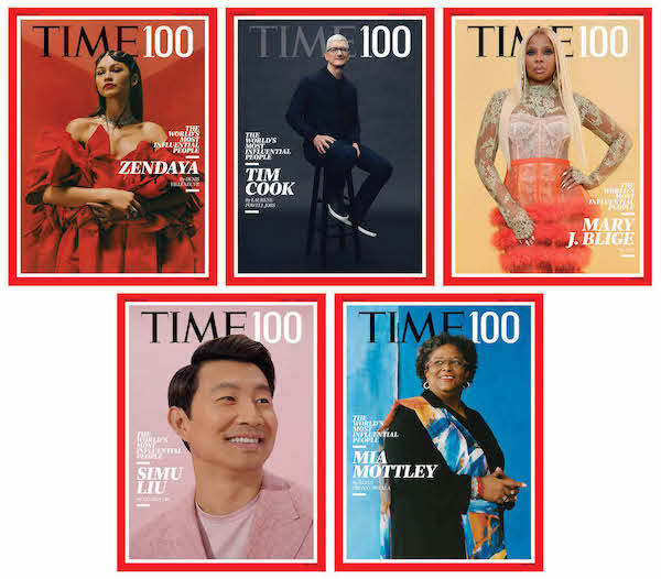 The 2022 TIME100 issue has 5 worldwide covers, each highlighting a member of the TIME100: actor Zendaya, Apple CEO Tim Cook, recording artist Mary J. Blige, Prime Minister Mia Mottley, and actor Simu Liu.